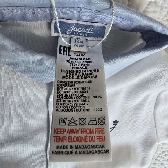 Jacadi Boy 12 Months Collar Cotton Bodysuit - Picture 6 of 9